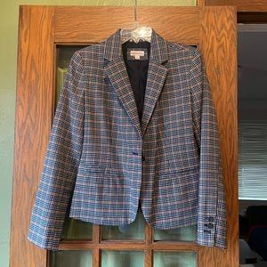 Navy and orange gingham plaid blazer